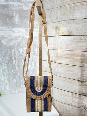 Styline Straw Crossbody Phone Bag NWT Natural Blue Stripe Woven Purse